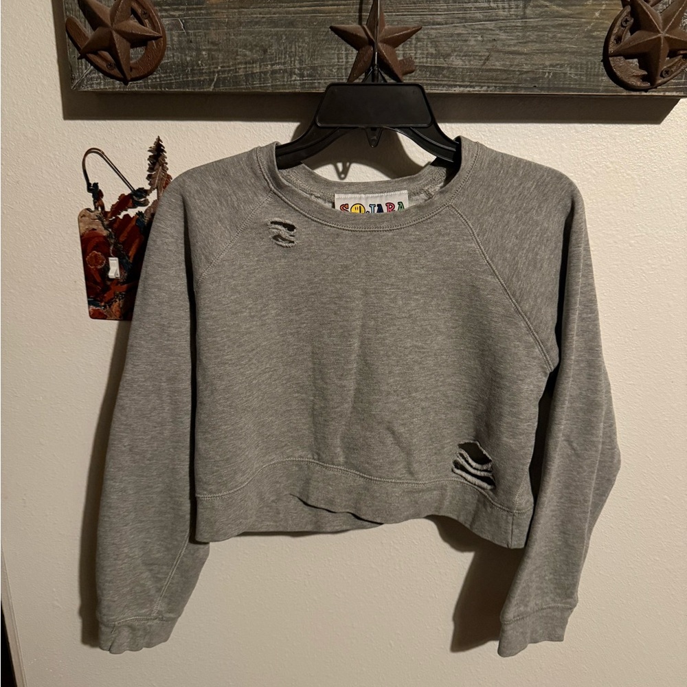 Gray Distressed Women's Top Sojara  size S with statement sequence lips on back